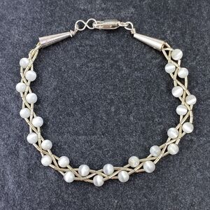 Sterling Liquid Silver 925 Women's Braid White Synthetic Cat's Eye Bracelet 7.5"